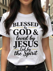 Blessed by God & Loved by Jesus Led by the Spirit Graphic T?Shirt, 100% Cotton Crew Neck Short Sleeve, Christian Faith Inspirational Casual Tee Top for Men & Women
