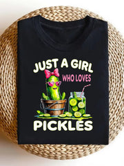 Just A Girl Who Loves Pickles Funny Food Lover Graphic Tee for Men Women, Cute Pickle Lover Short Sleeve T-Shirt, Casual Crew Neck Top for Pickle Gift