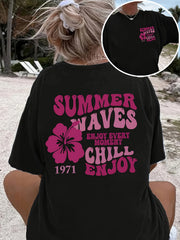 Women floral print T-shirt, casual crew-neck top, 2 sided print.