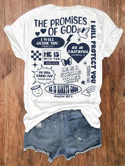 The Promises Of God Letter Print Tee Crew Neck Casual Vacation Top