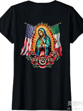 Virgen De Guadalupe Mexican American Flag Graphic T‑Shirt, Religious Hispanic Heritage Short‑Sleeve Crew Neck Casual Tee for Men Women