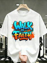 Unisex Walk By Faith Graffiti Graphic T‑Shirt, Blue Orange Splash Paint Street‑Style Christian Short‑Sleeve Crew‑Neck Casual Faith Tee