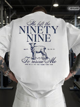 Light Graphic Back T Shirt He Left the NINETY NINE with Lamb Illustration and Biblical Reference Bold Text Casual Wear for Gym Enthusiasts