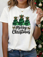 Leopard Bow Christmas Trees' Cute Holiday Print T-Shirt Women'S Round Neck Short Sleeve Sweet Fashion Christmas Tee