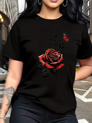 Rose Butterfly Print Short Sleeve Tee Trendy Fashion Crew Neck Casual Top