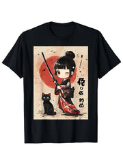 Men's Anime Samurai Girl & Katana Cat Graphic T Shirt Japanese Manga Tee