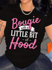 Bougie With A Little Bit Of Hood Women's Graphic T?Shirt, Casual Short Sleeve Crew Neck Funny Slogan Tee Summer Everyday Tops