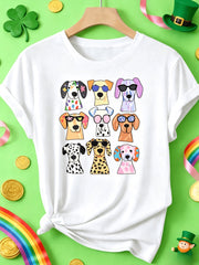 Unisex Colorful Cartoon Dogs With Sunglasses T?Shirt, Cute Playful Puppy Graphic Tee, Crew Neck Short?Sleeve Casual Summer Top For Dog Lovers