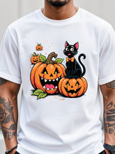 Halloween Black Cat and Pumpkin Pattern T-Shirt - Cute Smiling Face Pumpkin and Cat Print, Crew Neck Short Sleeve T-Shirt, Festival Party Costume, Halloween Gift
