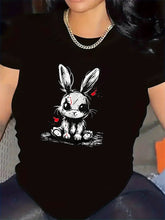 Women's Gothic Grunge Bunny Graphic T‑Shirt, Spooky Dark Art Distressed Rabbit Halloween Casual Short Sleeve Tee