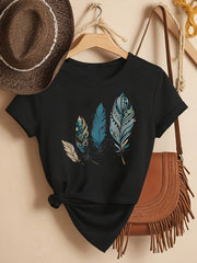Women’s Plus Size Feather Graphic Short‑Sleeve T‑Shirt, Casual Round Neck Top for Spring Summer and Fall