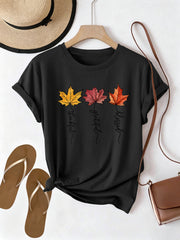 Cute Autumn T-Shirt Thankful Grateful Blessed Yellow Red Orange Leaves Graphic Print