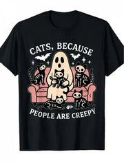 Halloween Cat T-Shirt Funny "Cats & People Are Scary" Halloween T-Shirt - Unisex Top with Ghosts & Cats for Matching Couple Outfits, Teacher Costumes, Year-Round Wear