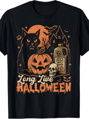 Halloween Graphic Tee Shirt Vintage Spooky Cat Pumpkin Skull Haunted House Print Long Live Halloween Casual Round Neck Short Sleeve