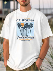 Santa Monica Beach Print Cotton White Short Sleeve Tee Los Angeles Vibe Top