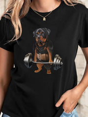 Rottweiler Weightlifting Print Short Sleeve Tee Crew Neck Regular Fit Top