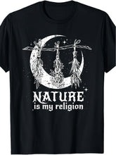 Nature Is My Religion Crescent Moon Witch Wiccan Graphic Tee for Men Women, Pagan Spiritual Short Sleeve T-Shirt, Casual Crew Neck Top for Nature Lover Gift