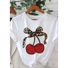Oversized Graphic T-Shirt for Ladies, Casual Short Sleeve with Leopard, Cherry & Bowknot Print