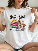 Just a Who Loves Books And Coffee' Colorful Books Glasses Print T-Shirt Round Neck Short Sleeve Tee Cafe Casual Outfit Versatile White Top