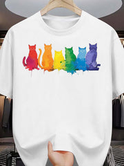 Rainbow Cat Print Solid Short Sleeve Tee Comfortable Crew Neck Casual Top
