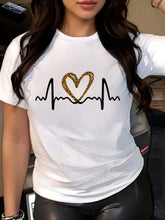 Leopard Print Heart Heartbeat Women's Graphic T‑Shirt, Short Sleeve Crew Neck Casual Summer Love Pattern Tee Tops