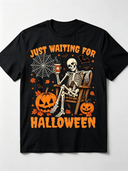 Just Waiting For Halloween Skeleton T-Shirt Funny Spooky Season Pumpkin Bat Graphic Tee
