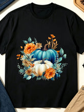 Vintage Floral Pumpkin Autumn Harvest Bouquet Fall Graphic Tee for Men Women, Cute Floral Pumpkin Patch Short Sleeve T-Shirt, Casual Crew Neck Top for Fall Gift