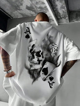 Men Skull Playing Card Dice Back?Print Graphic T?Shirt, Flame Tattoo?Style Crew Neck Relaxed Fit Short Sleeve Streetwear Summer Casual Tee Top