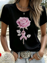 Women Pink Rose Pink Ribbon Awareness Graphic T‑Shirt, Crew Neck Short‑Sleeve Printed Casual Tee, No Real Rhinestones, Daily & Outdoor Top