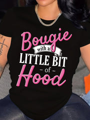 Bougie With A Little Bit Of Hood Women's Graphic T?Shirt, Casual Short Sleeve Crew Neck Funny Slogan Tee Summer Everyday Tops