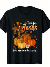 Fall For Jesus He Never Leaves Autumn Christian Faith Graphic Tee for Men Women, Fall Pumpkin Leaves Short Sleeve T-Shirt, Casual Crew Neck Top for Church Gift