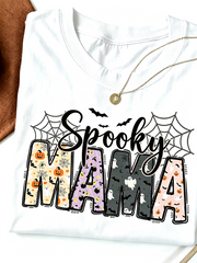 Spooky Mama Halloween Graphic T-Shirt, Ghost Bat Spider Web Fall Short Sleeve Tee for Mom
