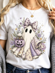 Unisex Vintage Floral Bow Ghost Pumpkin Bucket Graphic Short Sleeve Pastel Halloween