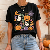Floral Halloween Graphic T‑Shirt, Spooky Season Pumpkin Ghost Bat Short‑Sleeve Tee,Women Halloween Tshirts
