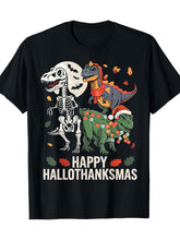 Happy Hallothanksmas Dinosaur Skeleton Holiday Graphic Tee for Men Women, Funny Halloween Thanksgiving Christmas Short Sleeve T-Shirt, Casual Crew Neck Top for Holiday Gift