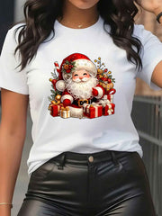 Holiday Santa Print Tee Family Gathering Trendy Crew Neck Top