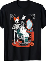 Funny Skeleton Barber Hairstylist Graphic T-Shirt Short Sleeve Round Neck Tee with Spooky Hairdressing Design Adult Casual Comfort Fit for Halloween Thanksgiving Christmas