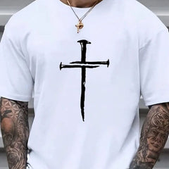 Men's Christian Cross Graphic T?Shirt, Crew Neck Short Sleeve Cotton Tee, Religious Faith Casual Top for Everyday Wear