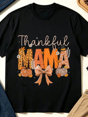 Retro Print Theme Black Round Neck T-Shirt, Men's Casual Summer Wear, Thankful Mama Leopard Pumpkin Design, Autumn Festival Graphic Tee, Fashionable Seasonal Outfit Upper Garment, PLUS SIZE