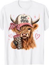 Cute Highland Cow Hot Mess Graphic T‑Shirt, Western Leopard Print Cowgirl Casual Short Sleeve Tee