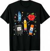 Teacher Graphic T‑Shirt, Cute Cartoon School Supplies Crayon Pencil Apple Glue Stick Short‑Sleeve Tee Women Tshirts