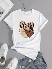 Women's Leopard Print Heart Graphic T-Shirt Casual Short Sleeve Round Neck Top
