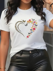 Women‘s Fashion Crew Neck Short Sleeve T-Shirt, Heart Design Graphic Tees, Comfortable All-Season Top,Women Clothing