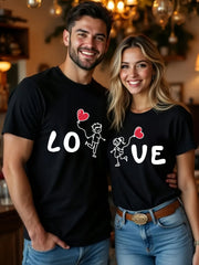 LOVE Heart Cartoon Character Pattern Couple Valentine'S Day Round Neck Casual Short Sleeve T-Shirt Couple T shirts For Women Men Valentine’s Day Gift