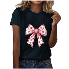 EchfiProm T shirts for Women Graphic Tee Valentine Day Valentine Summer Cute Lovers Shirts Bow Print