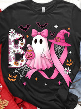 Halloween Pink Ribbon Breast Cancer Awareness Ghost Witch Hat Pumpkin Bat Graphic Tee for Men Women, Cute Spooky Pink Ribbon Short Sleeve T-Shirt, Casual Crew Neck Top for Survivor Gift