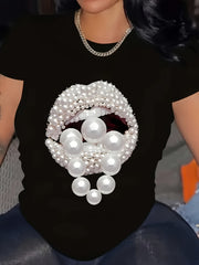 Women Fashion Pearl Lips Print T‑Shirt, Graphic Short Sleeve Crewneck Casual All‑Season Top Women Clothing