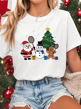 Women' 'Christmas S Buddies' Santa & Snowman Print T-Shirt - Short Sleeve Round Neck Casual Top