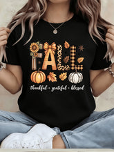 Thankful Grateful Blessed Fall T-Shirt for Women, Pumpkin Leopard Plaid Thanksgiving Graphic Tee