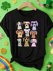 Unisex Colorful Cartoon Dogs With Sunglasses T?Shirt, Cute Playful Puppy Graphic Tee, Crew Neck Short?Sleeve Casual Summer Top For Dog Lovers